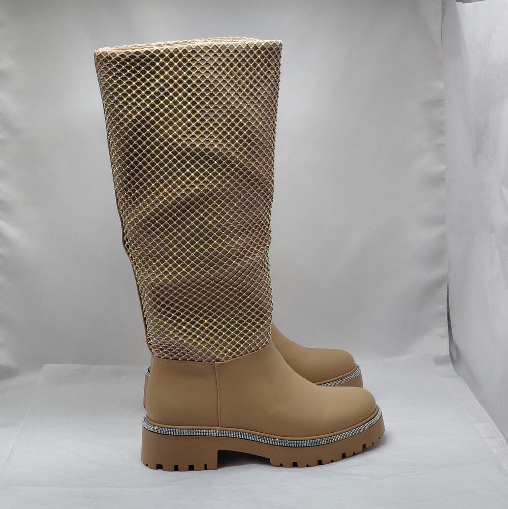 Cape Robbin Womens Knee High Boots Size 6 Nude Rhinestone Mesh Y2K Indie Glam